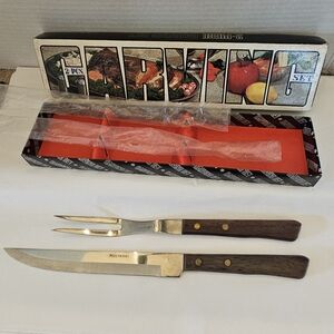 60's Rostfrei Wood Handle Meat Carving Knife & Fork Boxed Set Vintage MCM